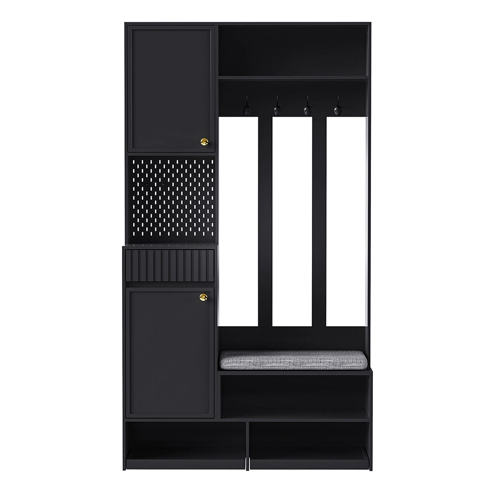 Armadio d'ingresso con panca - Xylo - 100??180??35 cm - Nero - 4 ganci, porte e cassetti