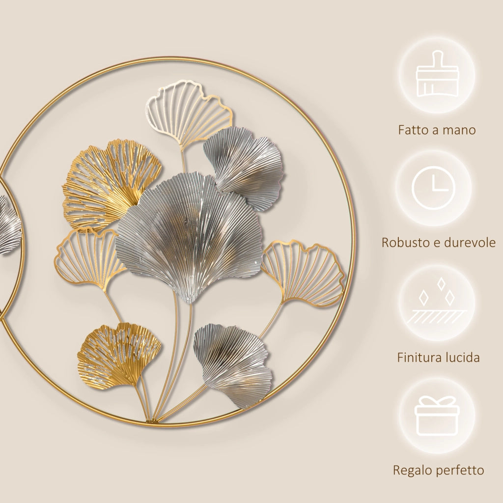 Decorazione Murale 3D in Metallo con Ginkgo ¨C Zephmum ¨C 102x66.2cm Oro e Argento