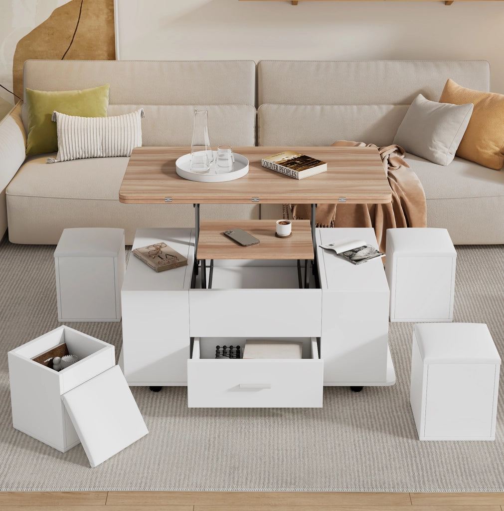 Tavolino da caffè sollevabile 100x50 cm trasformabile in tavolo da pranzo; bianco e legno naturale