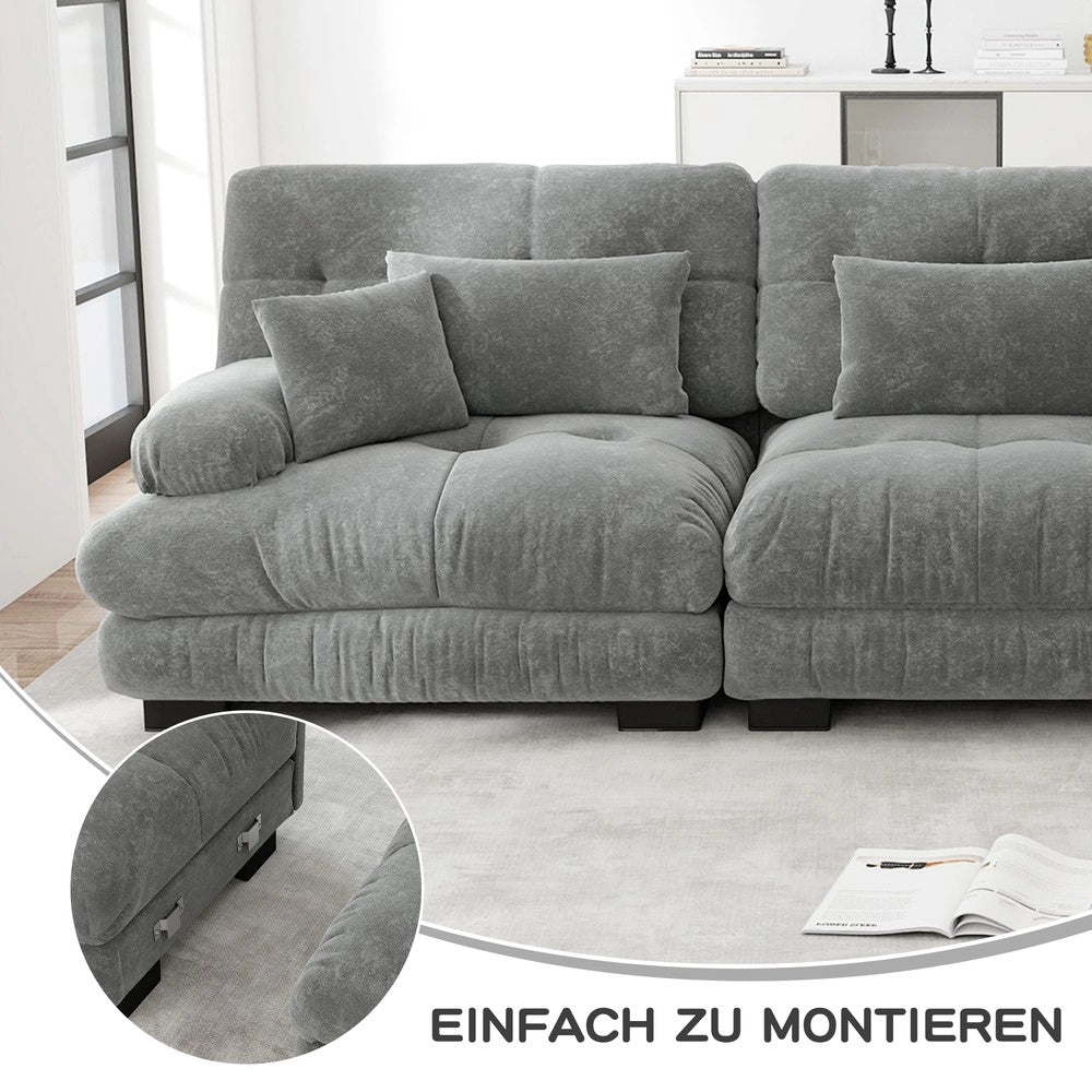 Divano angolare 2 posti con poggiapiedi ¨C Minimal ¨C grigio chenille imbottito con braccioli e cuscini