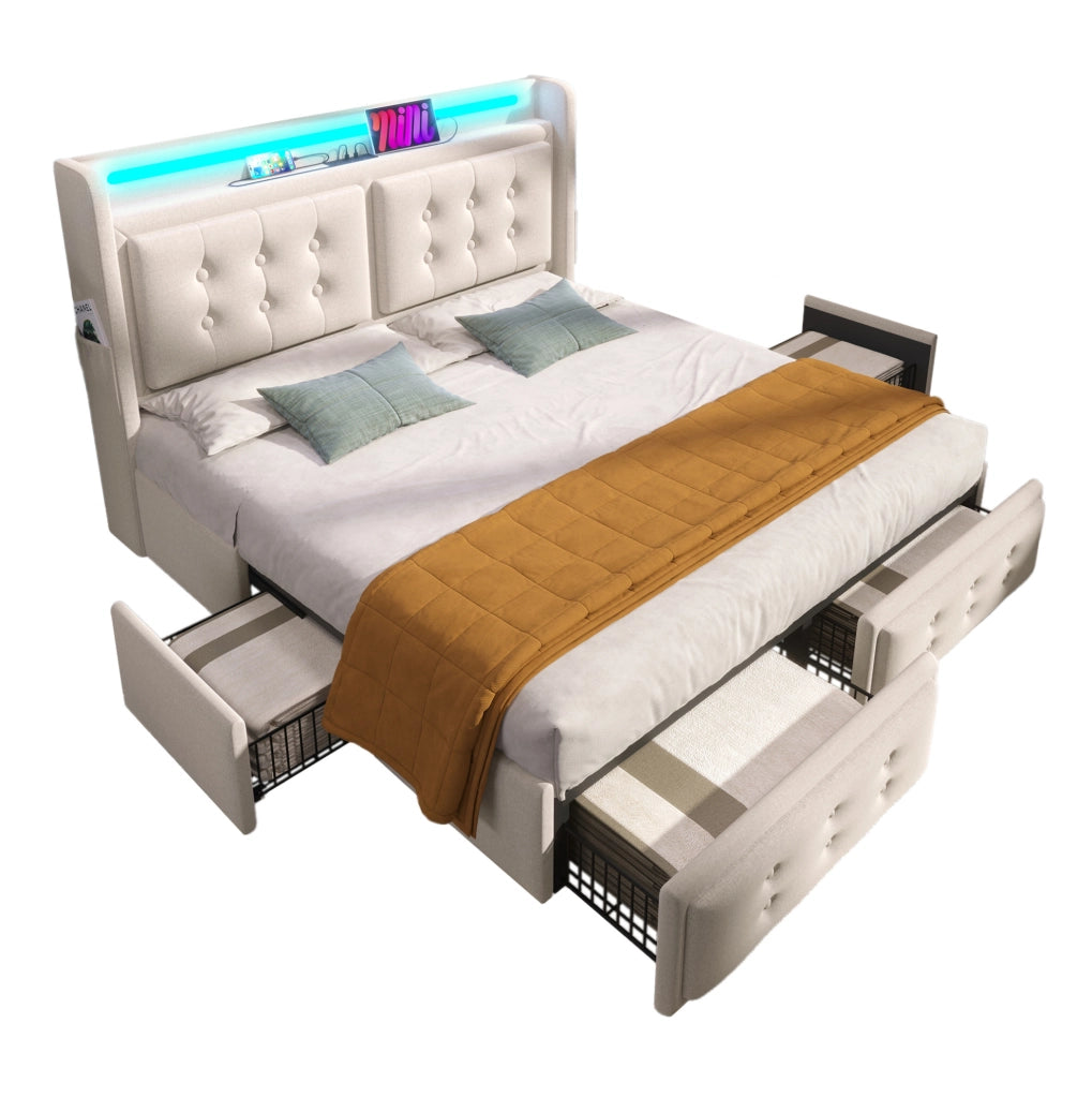 Letto contenitore 140x200 cm con LED; USB C; USB e 4 cassetti; beige