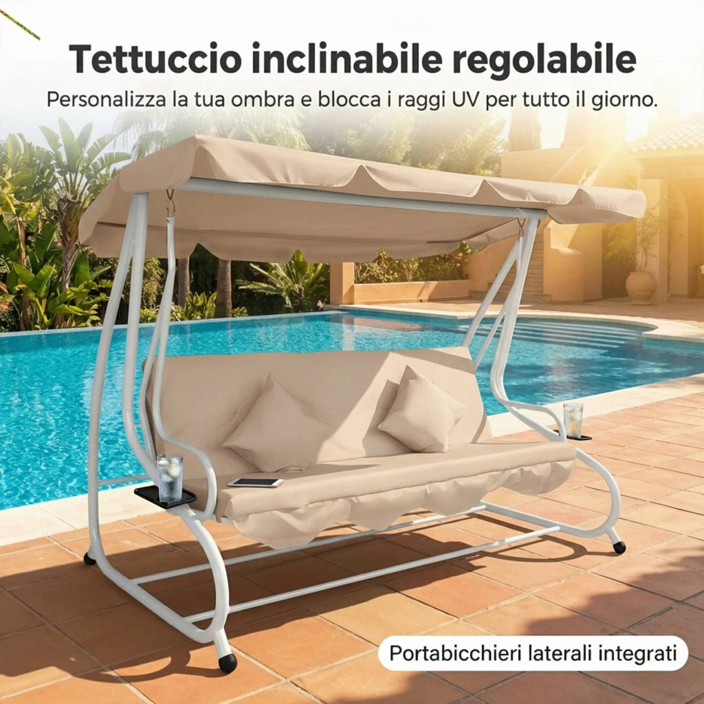 Marvin Harmony Dondolo Letto da Giardino 4 Posti con Tetto Parasole Struttura in Acciaio e Cuscino Imbottito 10 cm Altal