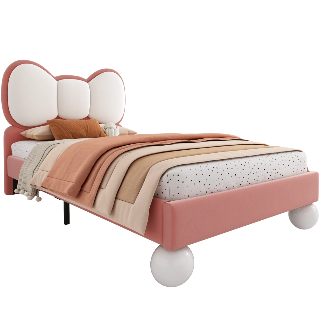 Letto imbottito per bambini 90x200 cm in velluto rosa con testiera a fiocco e LED