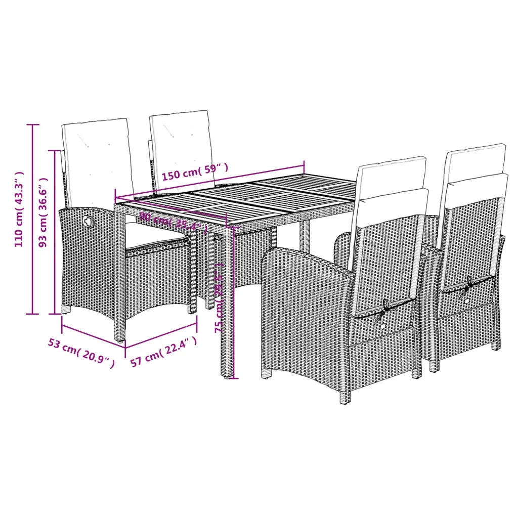 Set da Pranzo da Giardino 5 pz Nero con Cuscini in Polyrattan