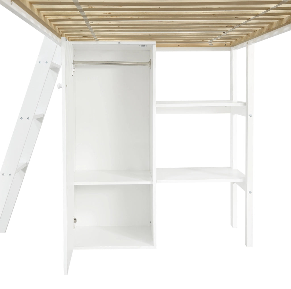 Letto a soppalco 90x200 cm con scivolo; guardaroba e vano contenitore in legno e MDF bianco naturale