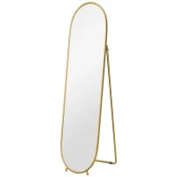 Specchio Verticale Ovale da Terra con Supporto, in Vetro e Metallo, 40x41x159 cm, Tonalità Oro