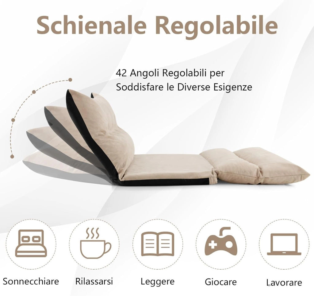 Divano da Terra Pieghevole, Divano Letto 2 Posti con Schienale Regolabile, Divano da Pavimento Trasformabile con 2 Cuscini per Camera da Letto Salone Balcone (Beige)