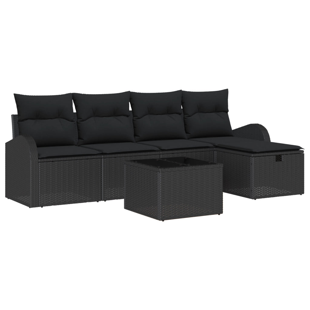 Set Divano da Giardino  a 6 Pezzi con Cuscini Nero Rattan Poliestere