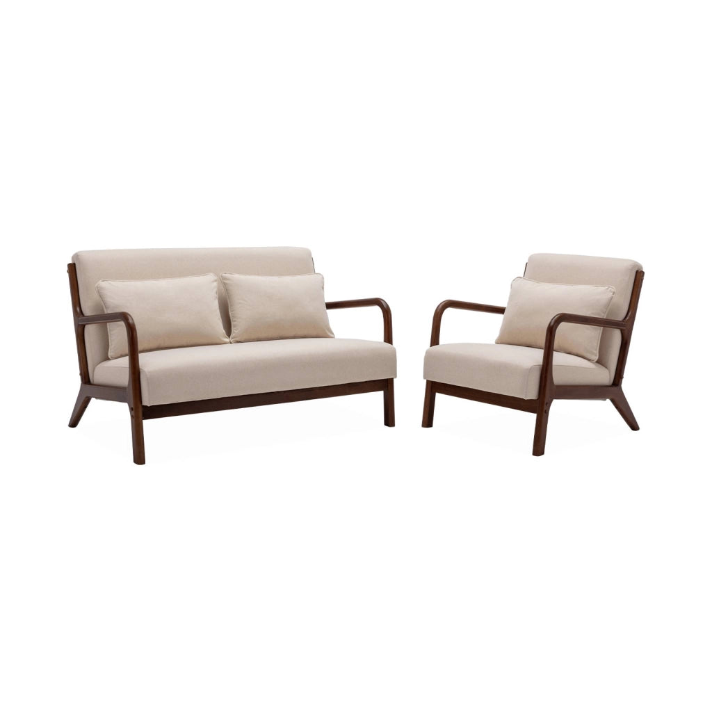 Set panca scandinava 2 posti e poltrona in legno di hevea, beige