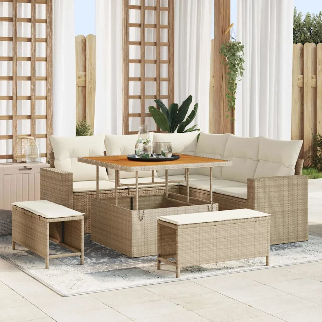 Set Divano da Giardino 9 pcs Beige e Crema polyrattan