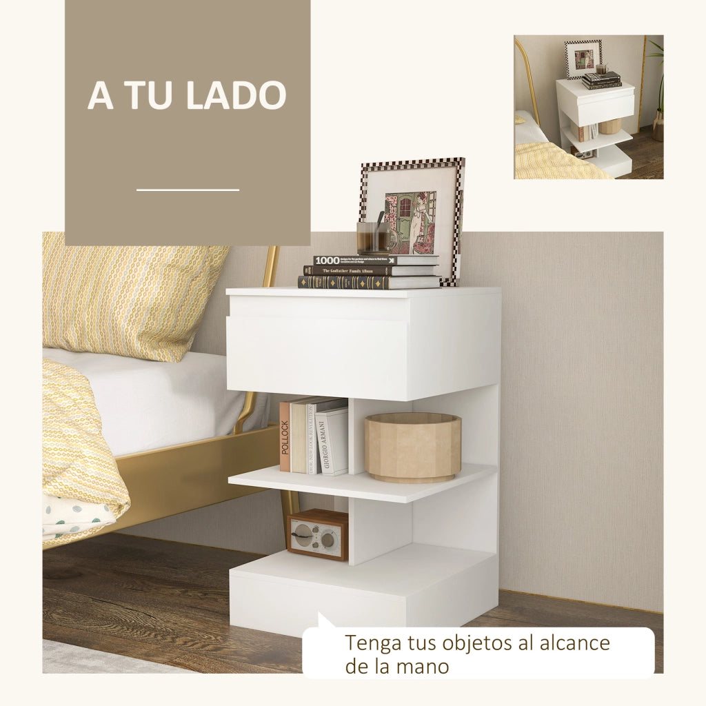 Comodino con Cassetto e Scaffale ¨C Zephmum ¨C Bianco 39x39x65 cm