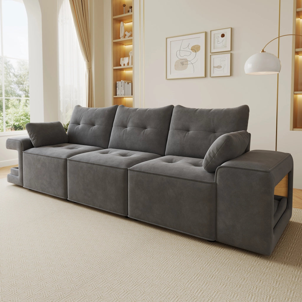 SOFÀ 3 POSTI 229,5x78x84 cm Velluto Grigio con 2 cuscini e vani portaoggetti