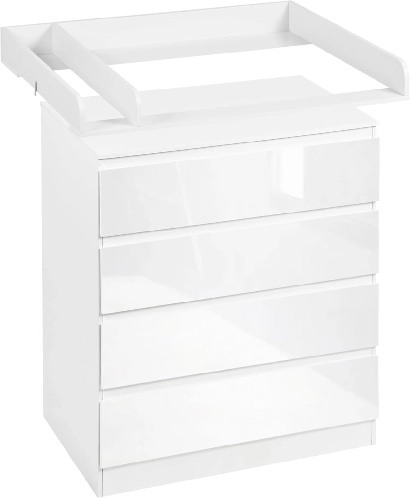 Mobile Fasciatoio per Bambini, Cassettiera con 4 Cassetti, Cassettone con Ripiano Fasciatoio Rimovibile, in Legno MDF e Truciolare, Bianco+Evidenzia Bianco