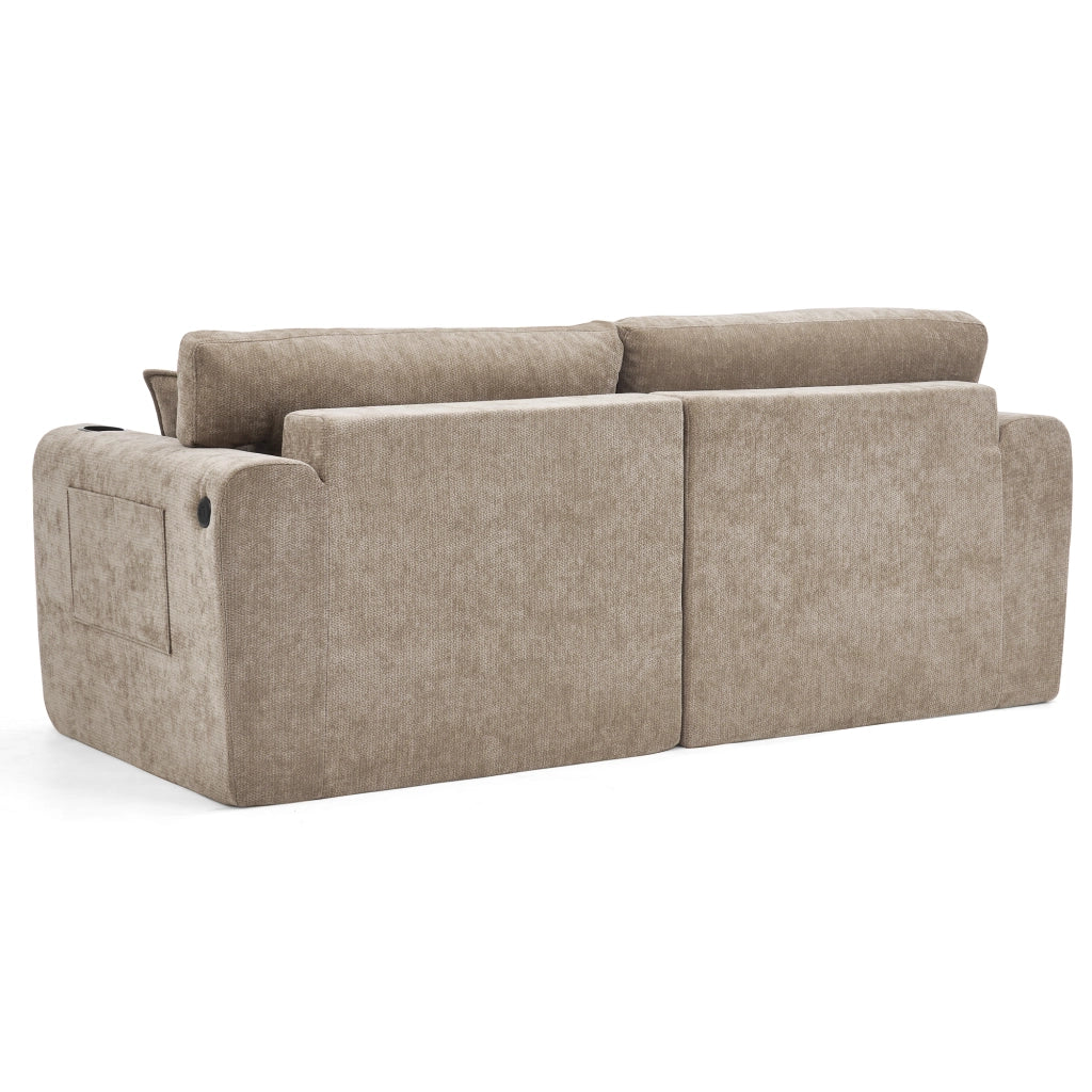 Divano 2 posti relax in tessuto ciniglia con cuscini, porta riviste e portabicchiere ¨C MINIMAL ¨C Marrone