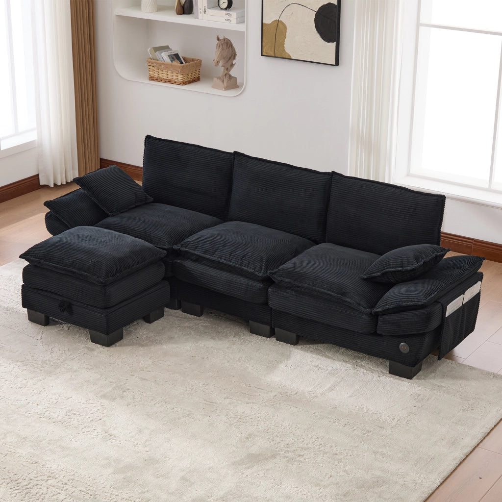DIVANO modulare 3 posti con pouf 260x132x84 cm Corduroy nero