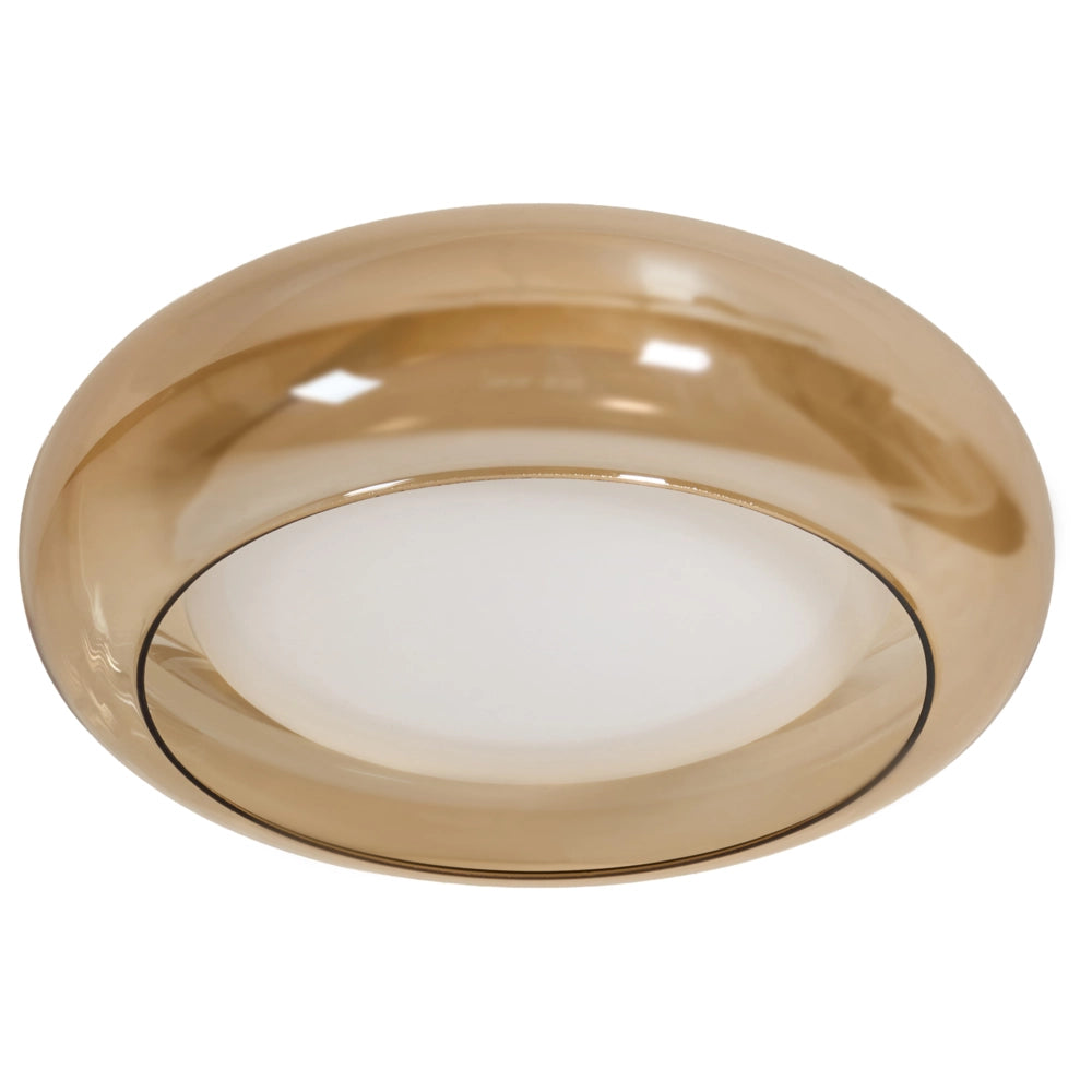 Lampada da soffitto con luci LED integrate, paralume in vetro a forma di anello, base in metallo con dimmer marrone