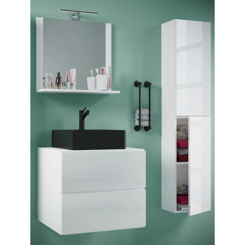 Luce Set Bagno 4 Pezzi Mobile sospeso 2 casetti con lavabo nero large in ceramica include 1 Colonna e specchio, Bianco