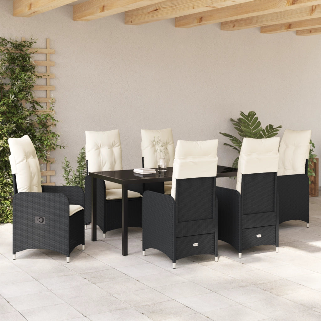 Set da Pranzo Giardino 7 Pezzi con Cuscini in Nero Polyrattan