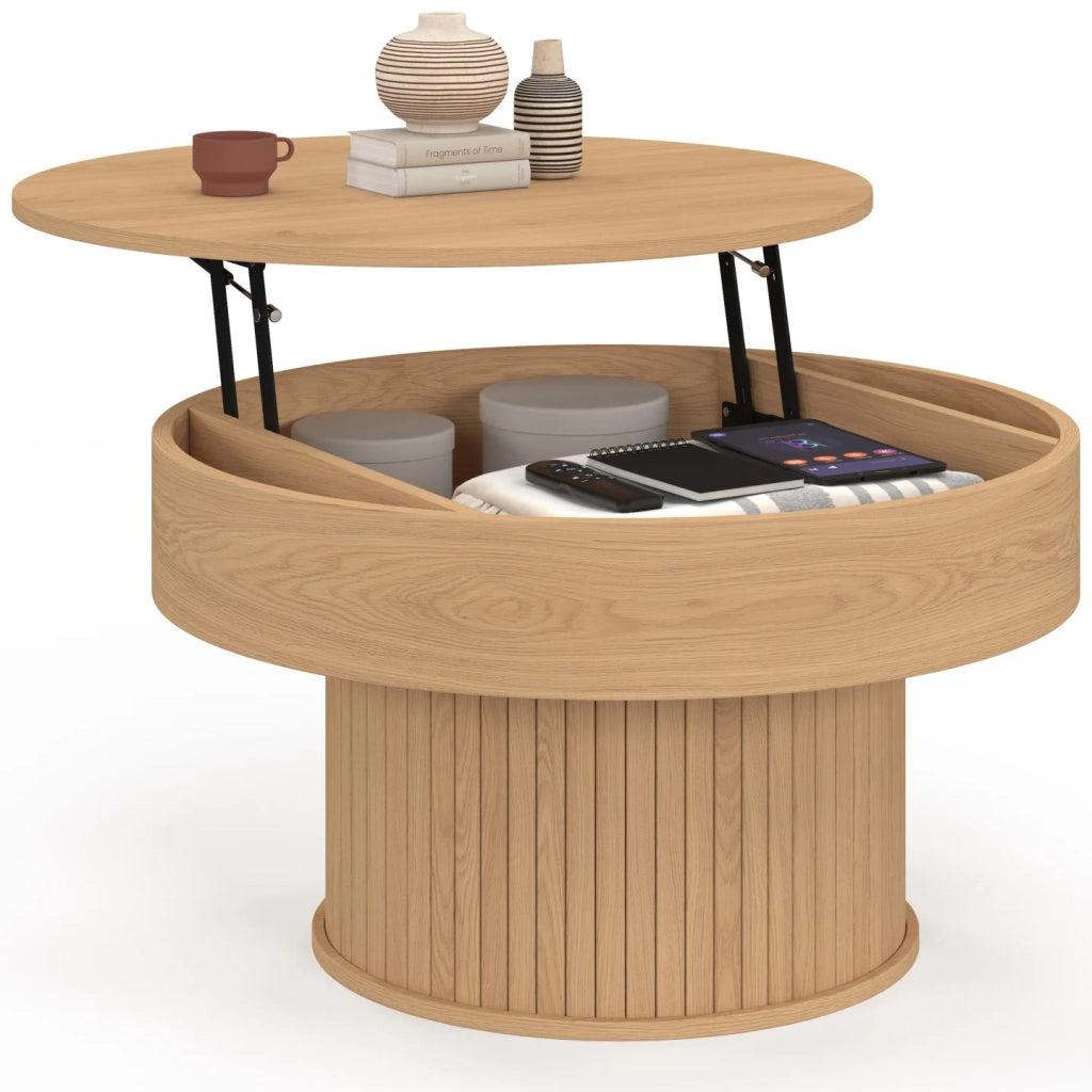 IDMarket - Tavolino rotondo alzabile JULIETTE 70 cm con doghe in legno color rovere
