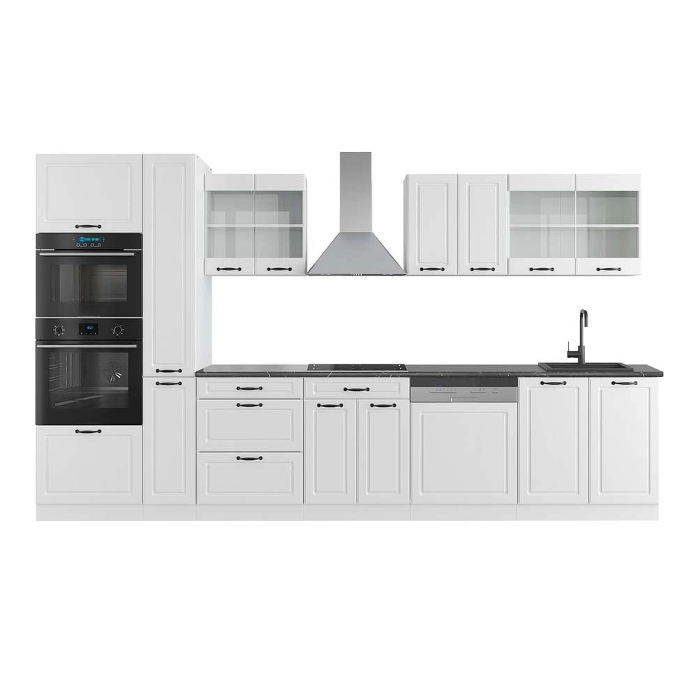 Mobile da cucina R-Line Bianco rustico/Bianco 350 cm con armadio alto, PL Antracite Vicco