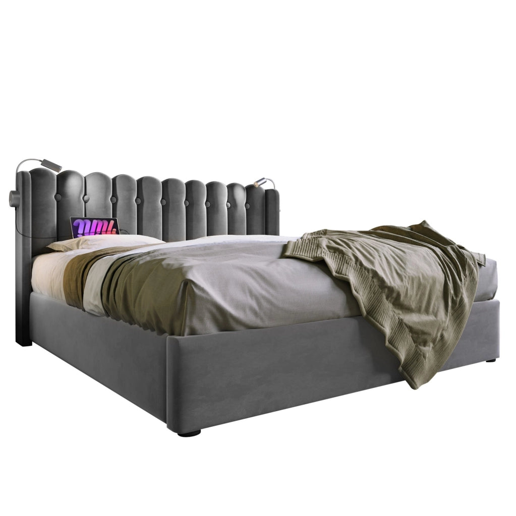 Letto matrimoniale 160x200 cm in velluto grigio con luce da lettura; USB e contenitore
