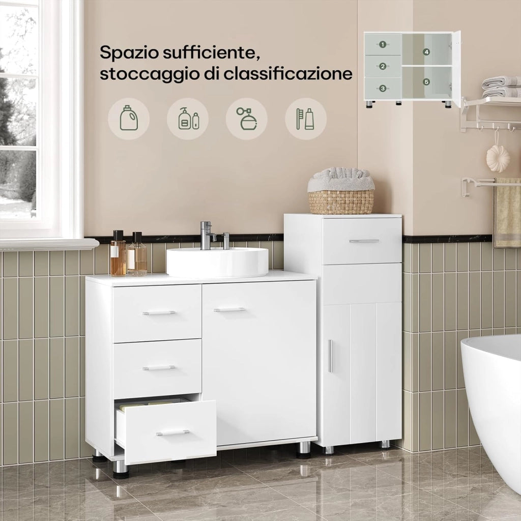 Mobiletto Sotto Lavabo con Ripiano Regolabile, Mobile da Bagno Freestanding con Anta a Cassetto, 70x60x30 cm, Mobiletto da Bagno Bianco