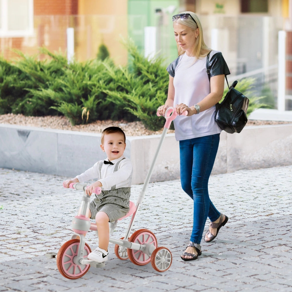 Triciclo per bambini con maniglione altezza regolabile pedali rimovibili, Bici a 4 ruote Rosa-Biciclette e tricicli