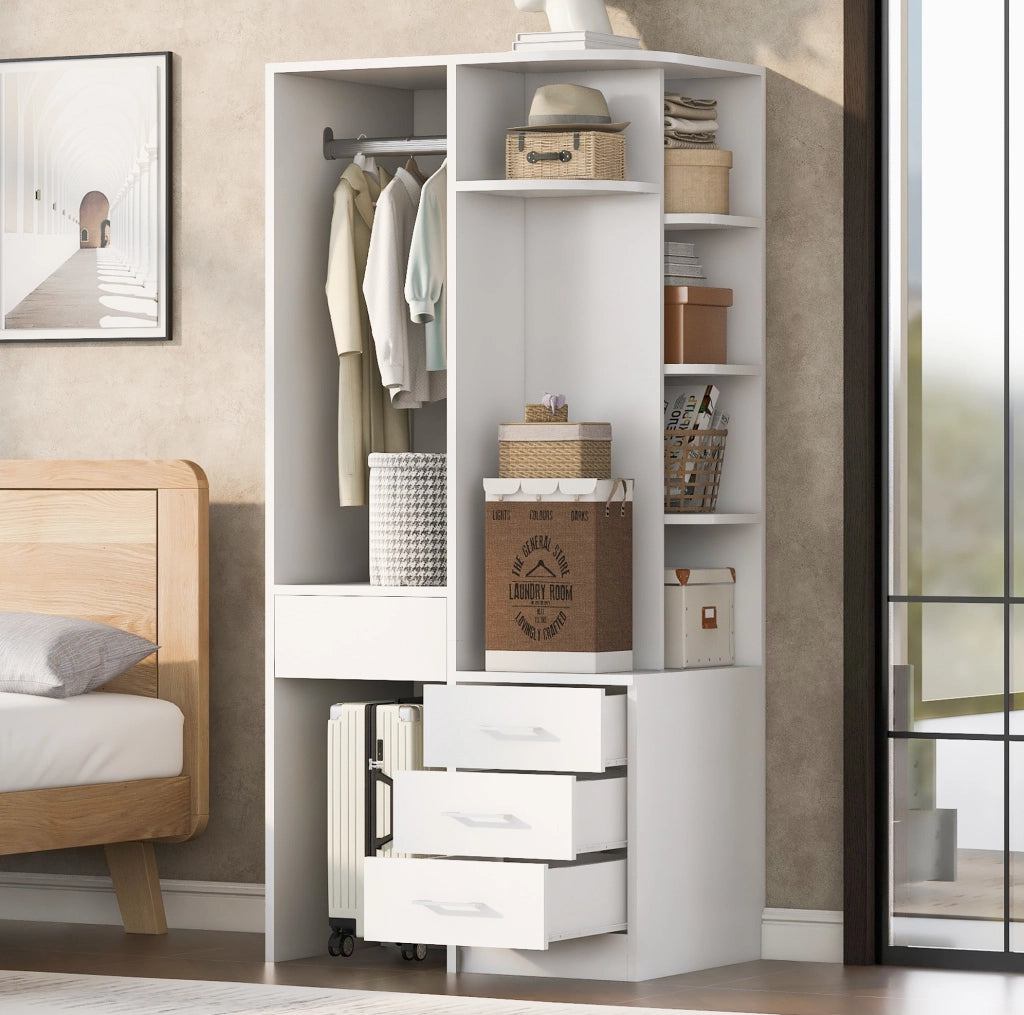 Armadio freestanding 70 x 55 x 175 cm con ripiani; vani aperti e cassetti; bianco