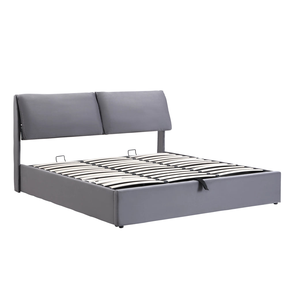 Letto imbottito 180x200 cm in velluto grigio con contenitore, 3 cassetti, rete a doghe e testiera regolabile