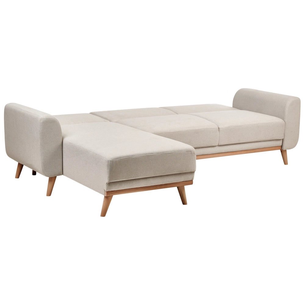Divano letto ad angolo Rivestimento beige chiaro in tessuto poliestere Gambe in legno chiaro Cuscini Design moderno