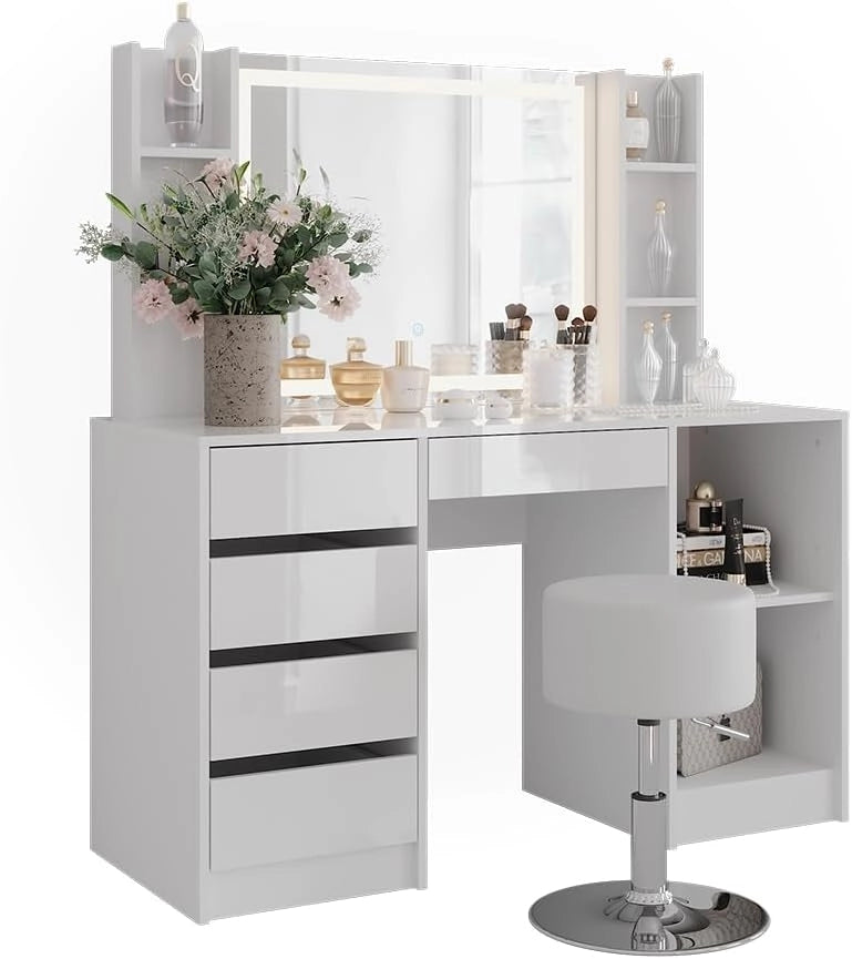 Tavolo da toeletta Sherry, Bianco/bianco lucido, 128.2 cm 5 parti