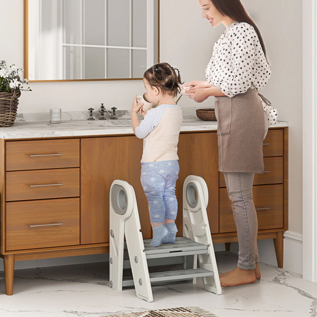 Torre Montessoriana Bambini Pieghevole 46,5x47x61,5 cm a 3 Gradini Regolabili con Maniglia e Superficie Antiscivolo in