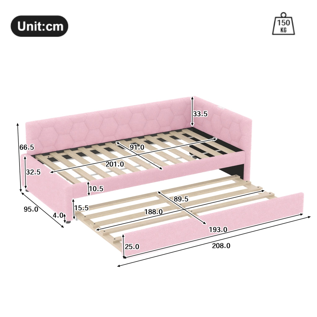 LETTO 90x200 cm in Bouclé Rosa con letto estraibile, USB e Tipo-C
