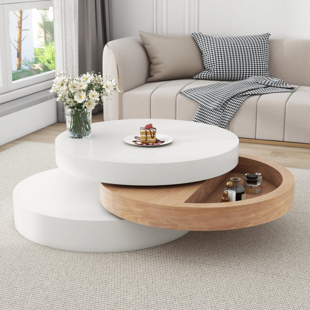 Tavolino da Salotto Girevole a 360 Gradi Bianco e Legno 60x60 cm