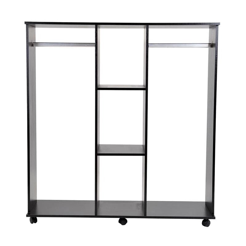 ARMADIO GUARDAROBA A 5 RIPIANI CON RUOTE E BARRE APPENDIABITI 120X40X128CM NERO