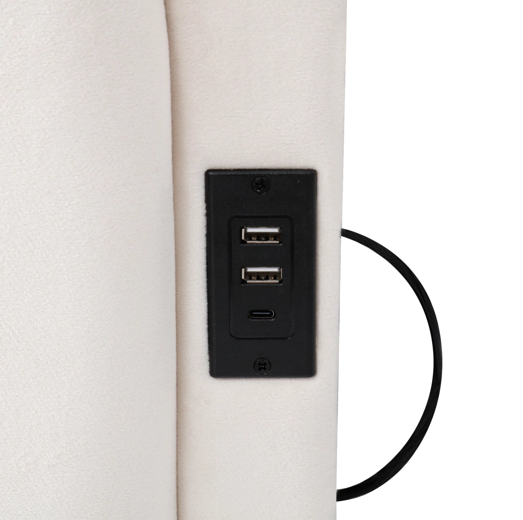 Letto imbottito 90x200 cm in velluto beige con vano idraulico, USB e tasche