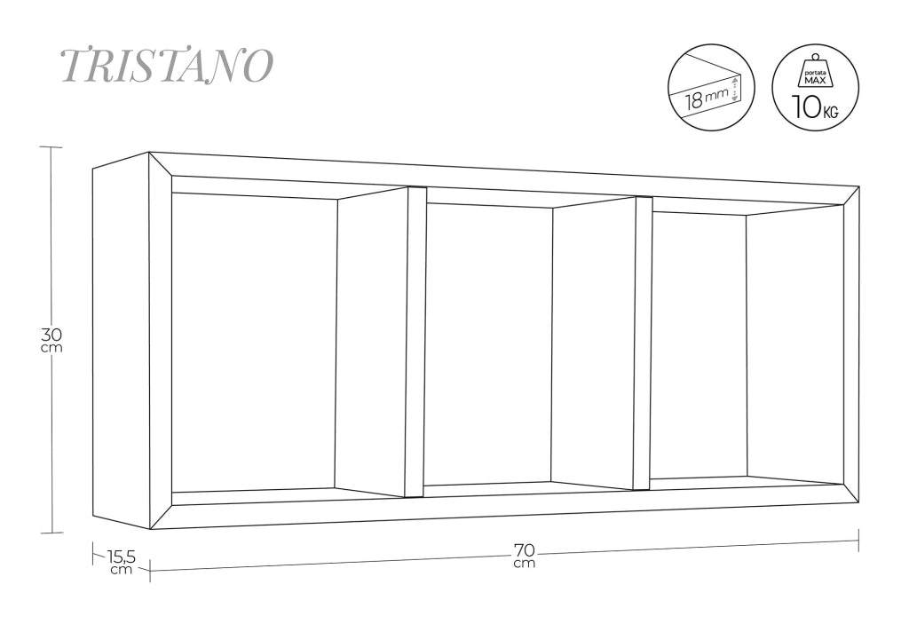 Mensola Rettangolare 3 Scomparti da Parete 70x30x15.5 cm in Fibra di Legno Tristano Verde
