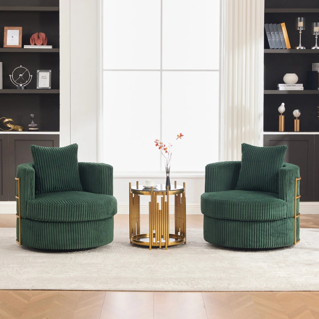 Poltrona girevole 360° in corduroy verde smeraldo con vano contenitore; 76x79x78 cm