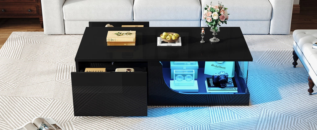 Tavolino da salotto nero lucido con LED e 2 cassetti 100x50x30 cm