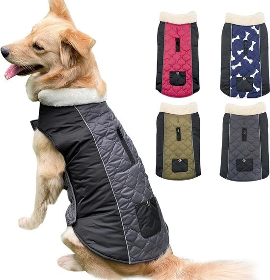 Giacca acqua resistente per cani, giacca reversibile regolabile riflettente invernale con collo di lana calda per cani, abbigliamento per cani piccoli medi grandi, nero, 2XL.
