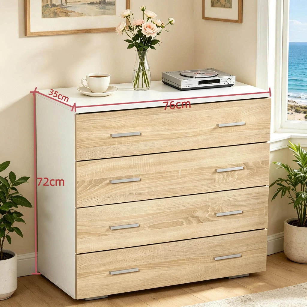 Comò con 4 cassetti e maniglie in metallo, per camera da letto e soggiorno, bianco e legno, 76 × 35 × 72 cm