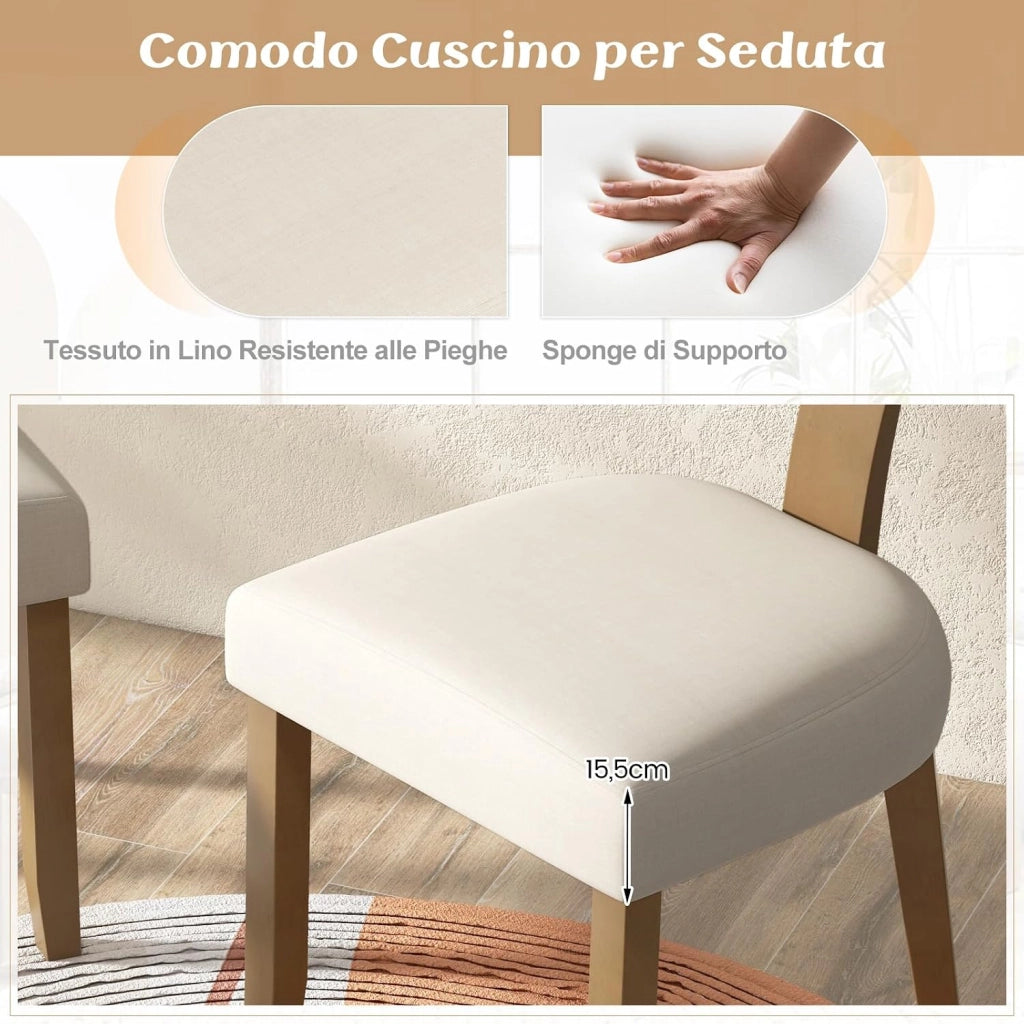 Set di 2 Sedie da Pranzo Imbottita, Sedia con Sedile Comodo, Schienale Curvo in Rattan e Piedini Antiscivoli per Soggiorno, Sala da Pranzo e Studio, Portata 180 kg (Beige)