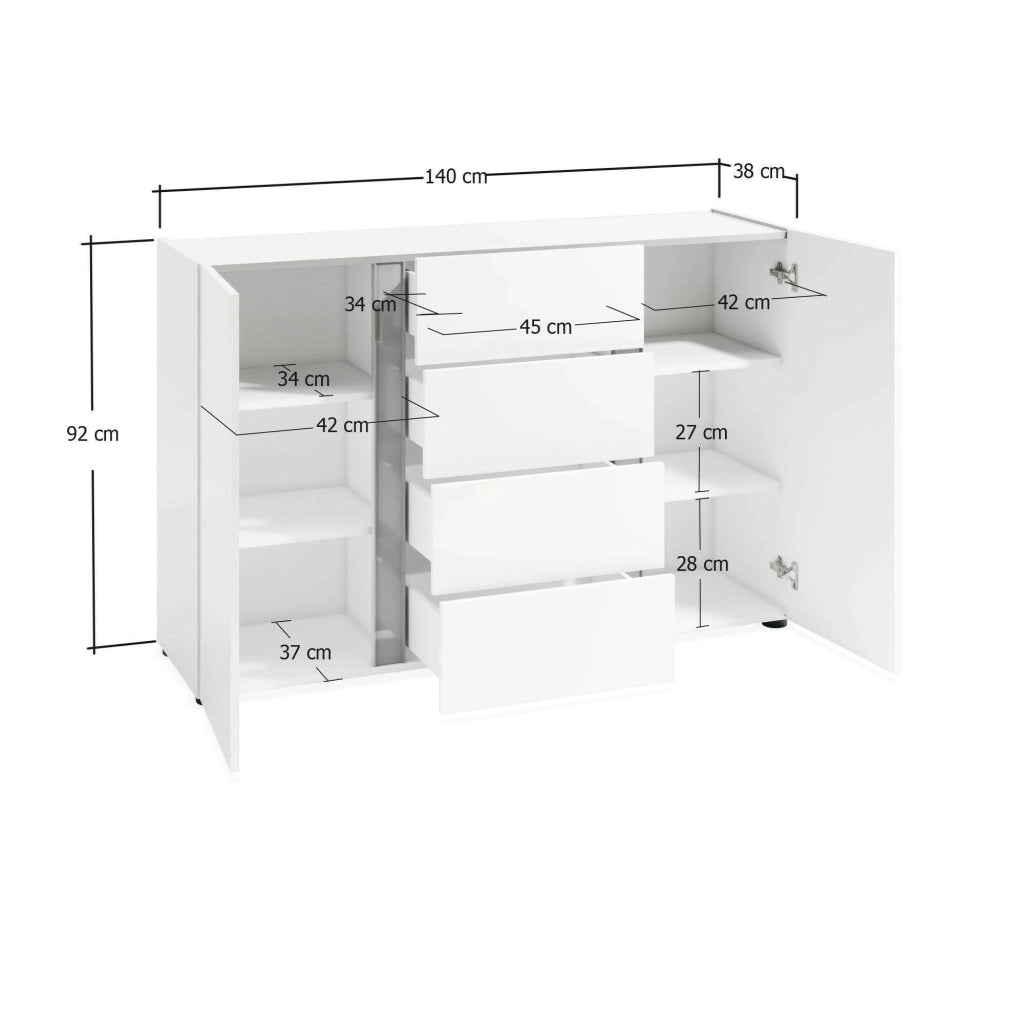 Credenza Ernesta, Buffet da soggiorno, Madia da salotto, Dispensa da cucina, Made in Italy, 140x38h92 cm, Bianco lucido e Antracite