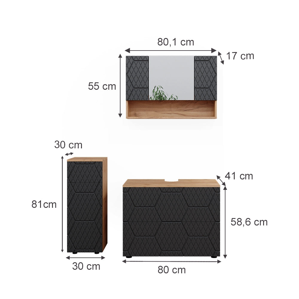 Vicco Set mobili bagno Antracite con struttura a nido d'ape 3 pezzi, con cassettiera e mobile midi