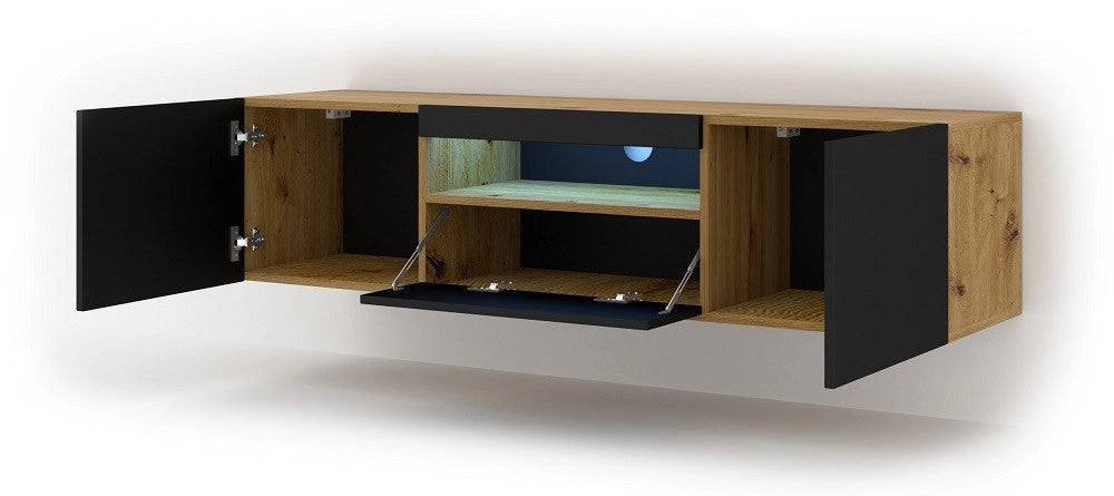 Mobile TV sospeso o a terra Led Incluso 150x42/36x37 Cm STAND AURA struttura Rovere e frontali Nero opaco