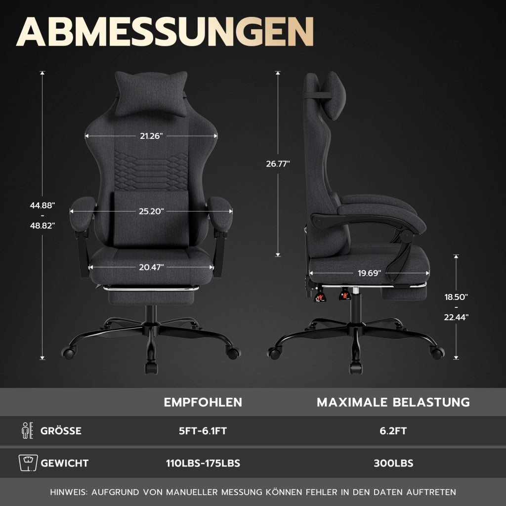 Sedia da ufficio gaming ergonomica con poggiatesta, supporto lombare, poggiapiedi e braccioli in tessuto nero con ruote
