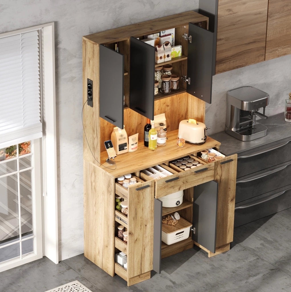 Credenza cucina multifunzione 100x40x180 cm in MDF nero e naturale con LED; prese e ripiani regolabili