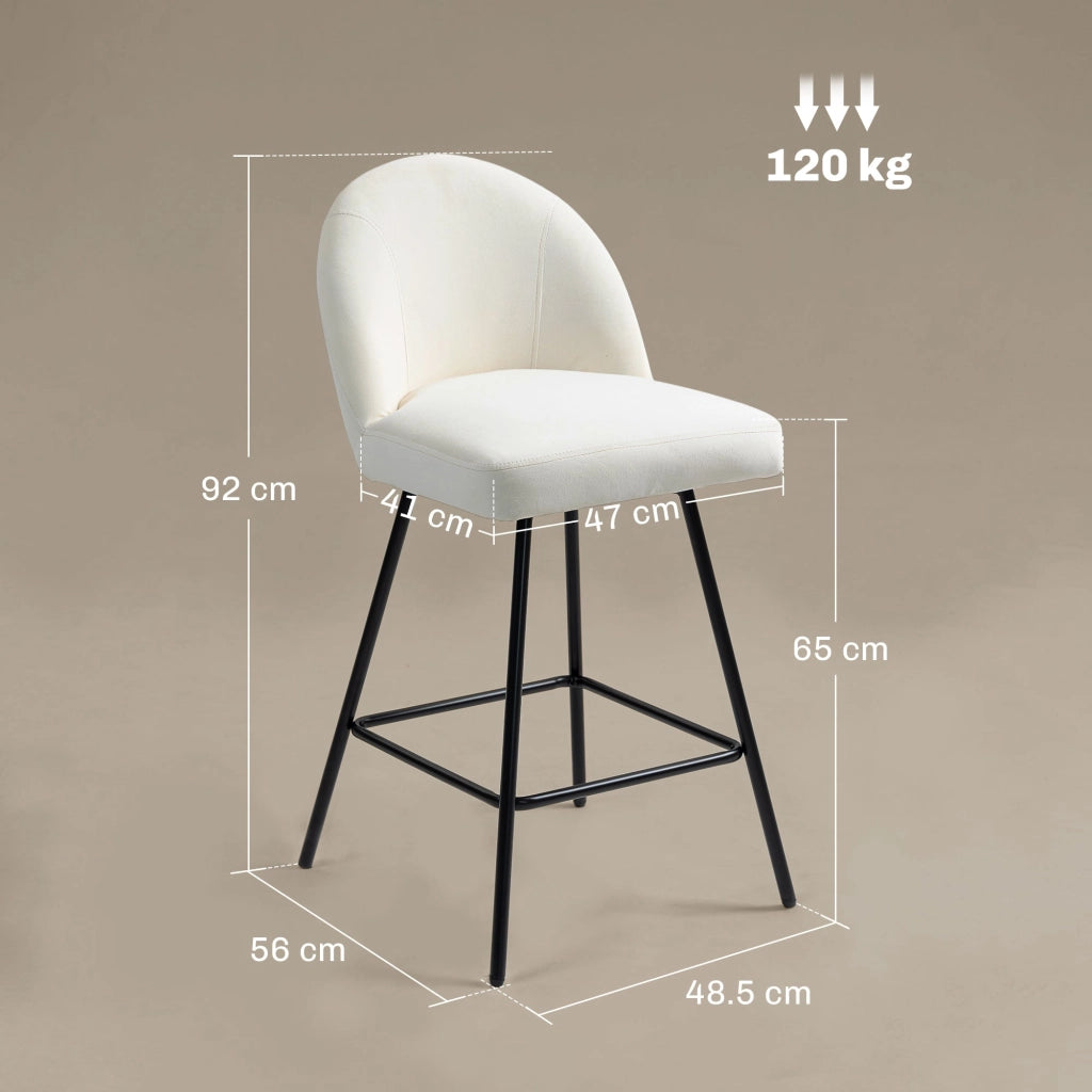 Set da 2 Sgabelli da Bar con Schienale 48,5x56x92 cm in Velluto Bianco Crema