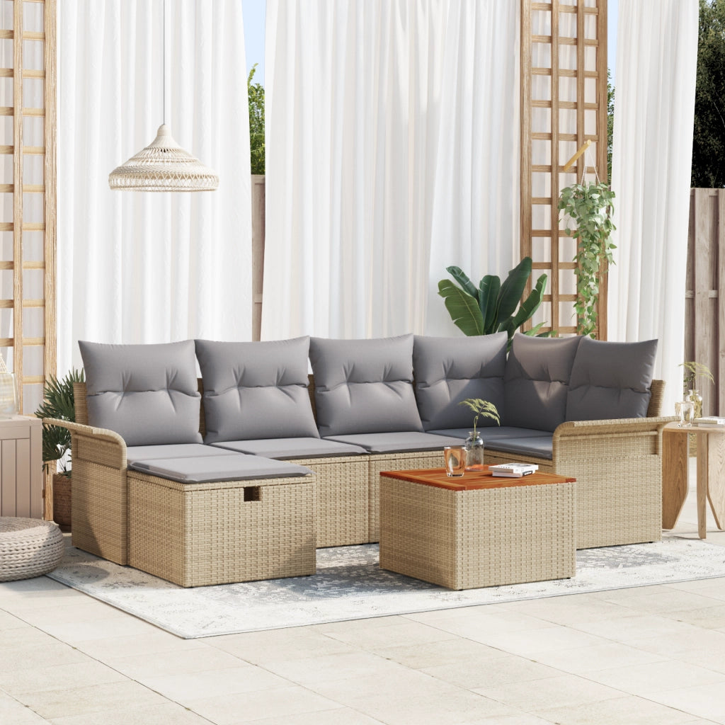 Set Divano da Giardino da 7 Pezzi con Cuscini Beige in Rattan Polietilene