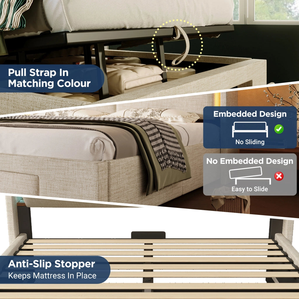 Letto imbottito 90x200 cm in lino beige con LED; USB e vano contenitore; con materasso